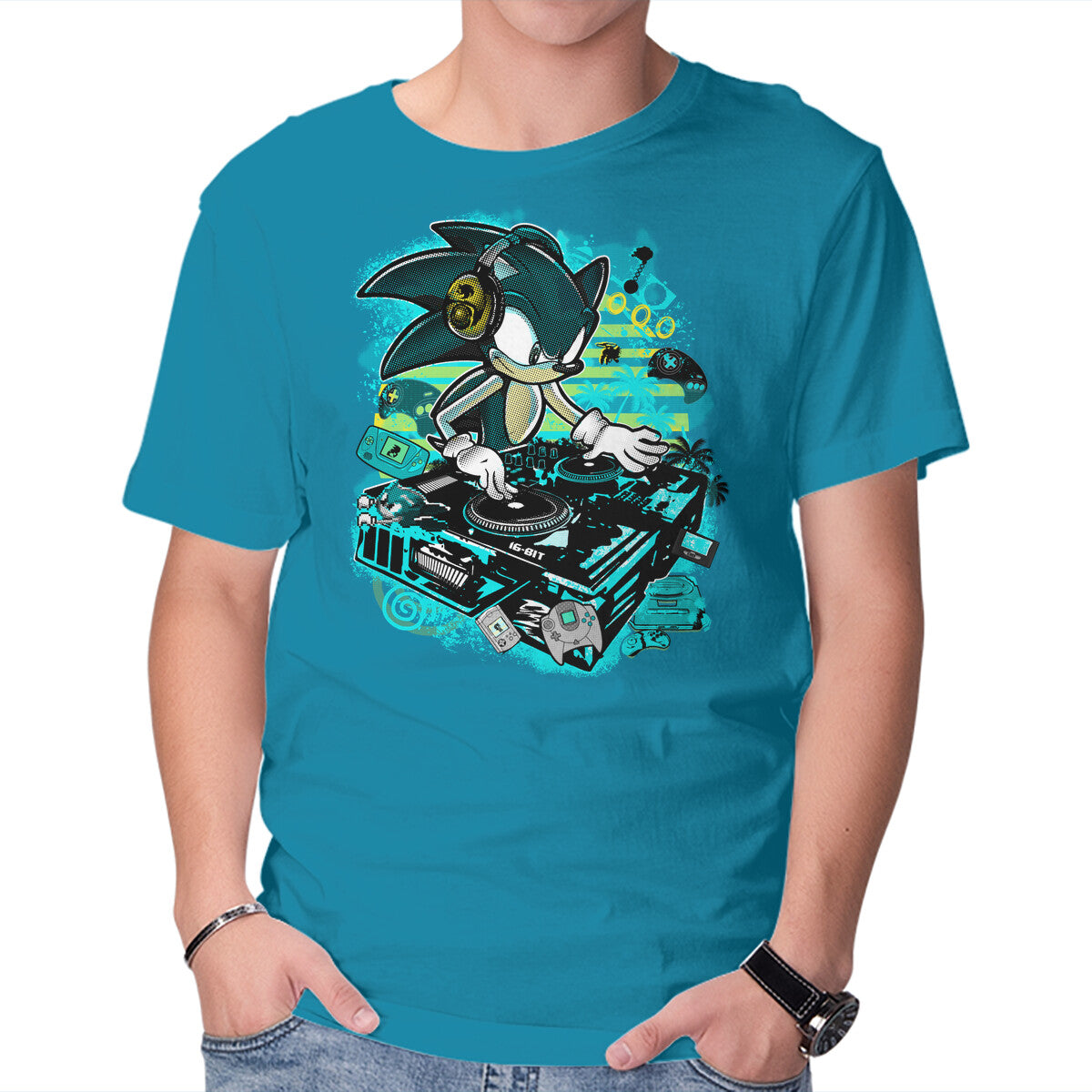 Speedin And Spinnin – Gaming Graphic T-Shirt in turquoise, product display
