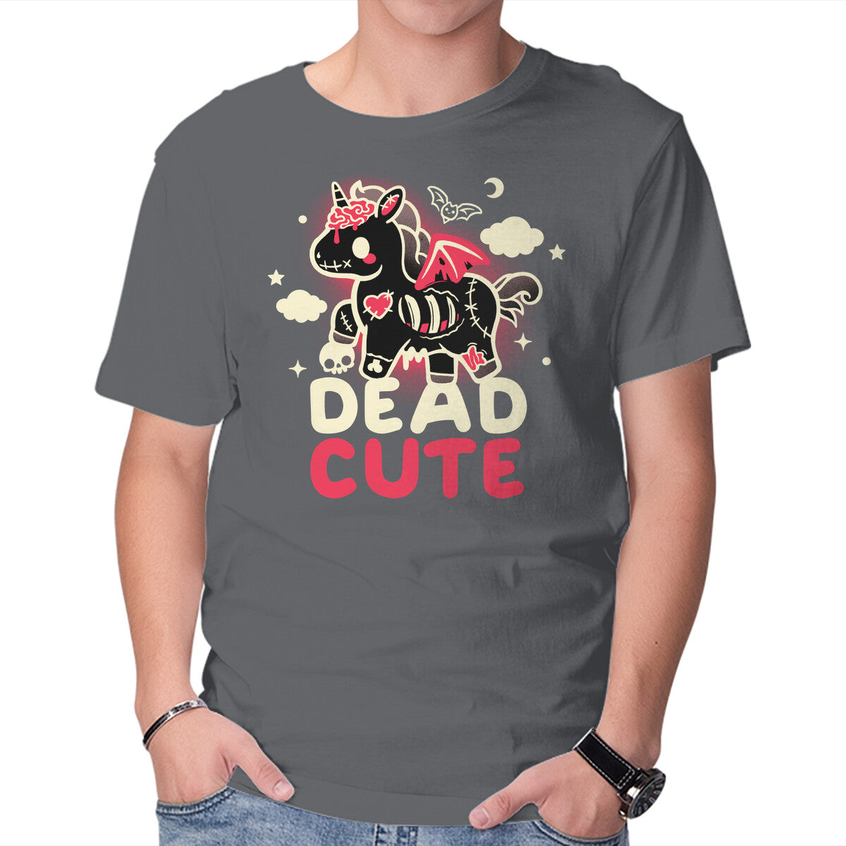 Dead Cute Unicorn – Fantasy Graphic T-Shirt in charcoal, product display