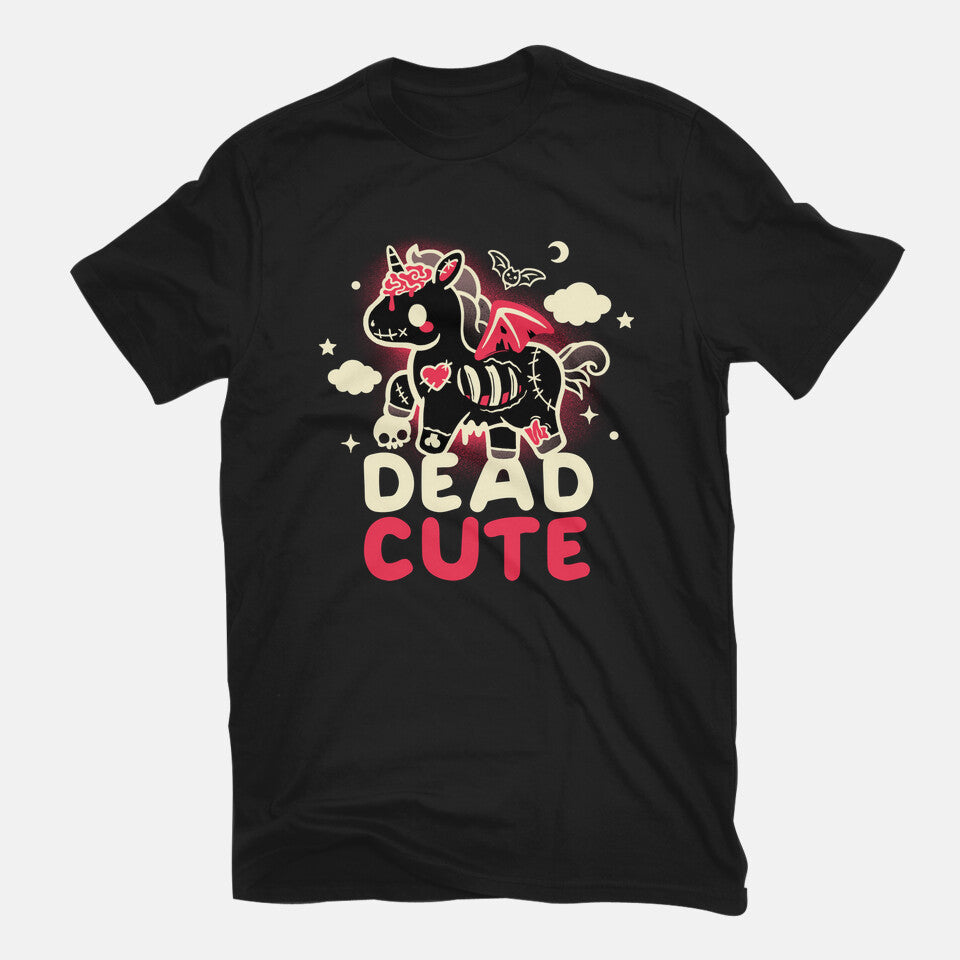 Dead Cute Unicorn – Fantasy Graphic T-Shirt in black, flat-lay product view