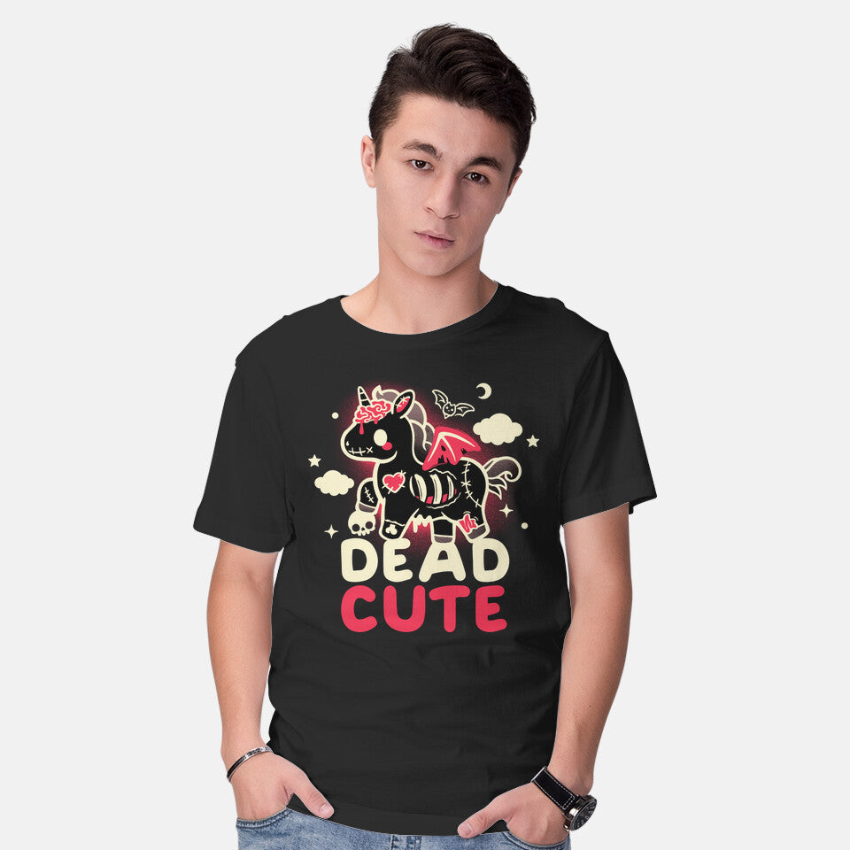 Model wearing black Dead Cute Unicorn – Fantasy Graphic T-Shirt