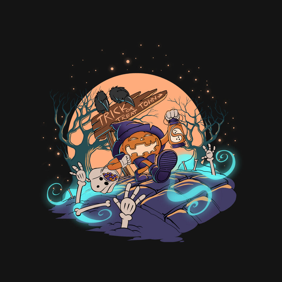 Jack Goes Trick Or Treating – Halloween Graphic T-Shirt design artwork for black graphic T-shirt
