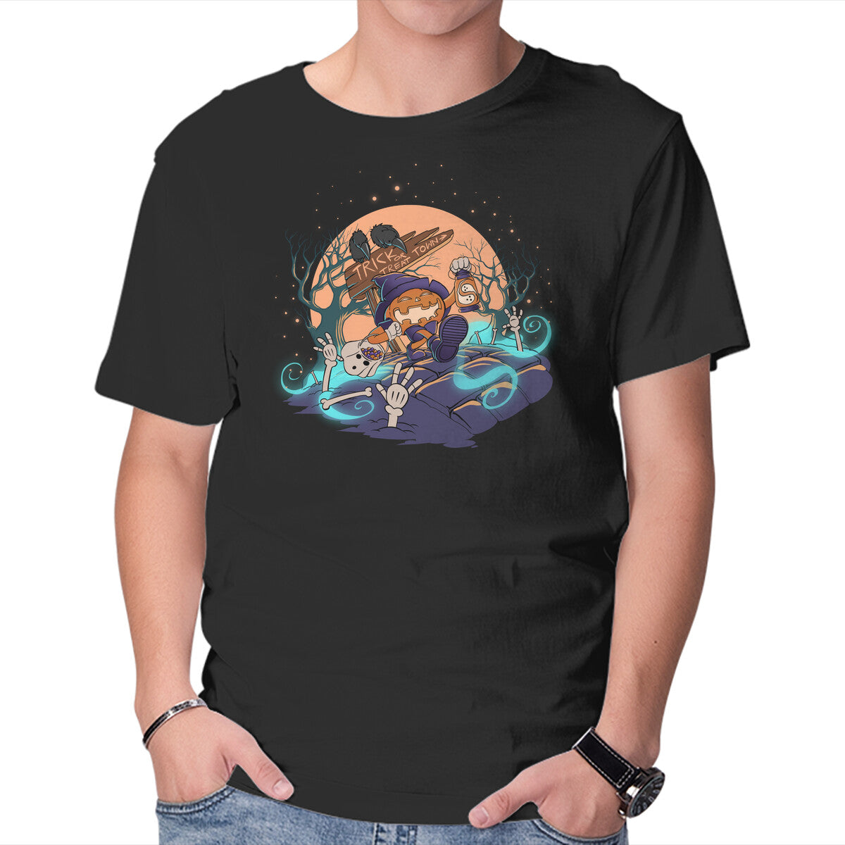 Jack Goes Trick Or Treating – Halloween Graphic T-Shirt in black, product display
