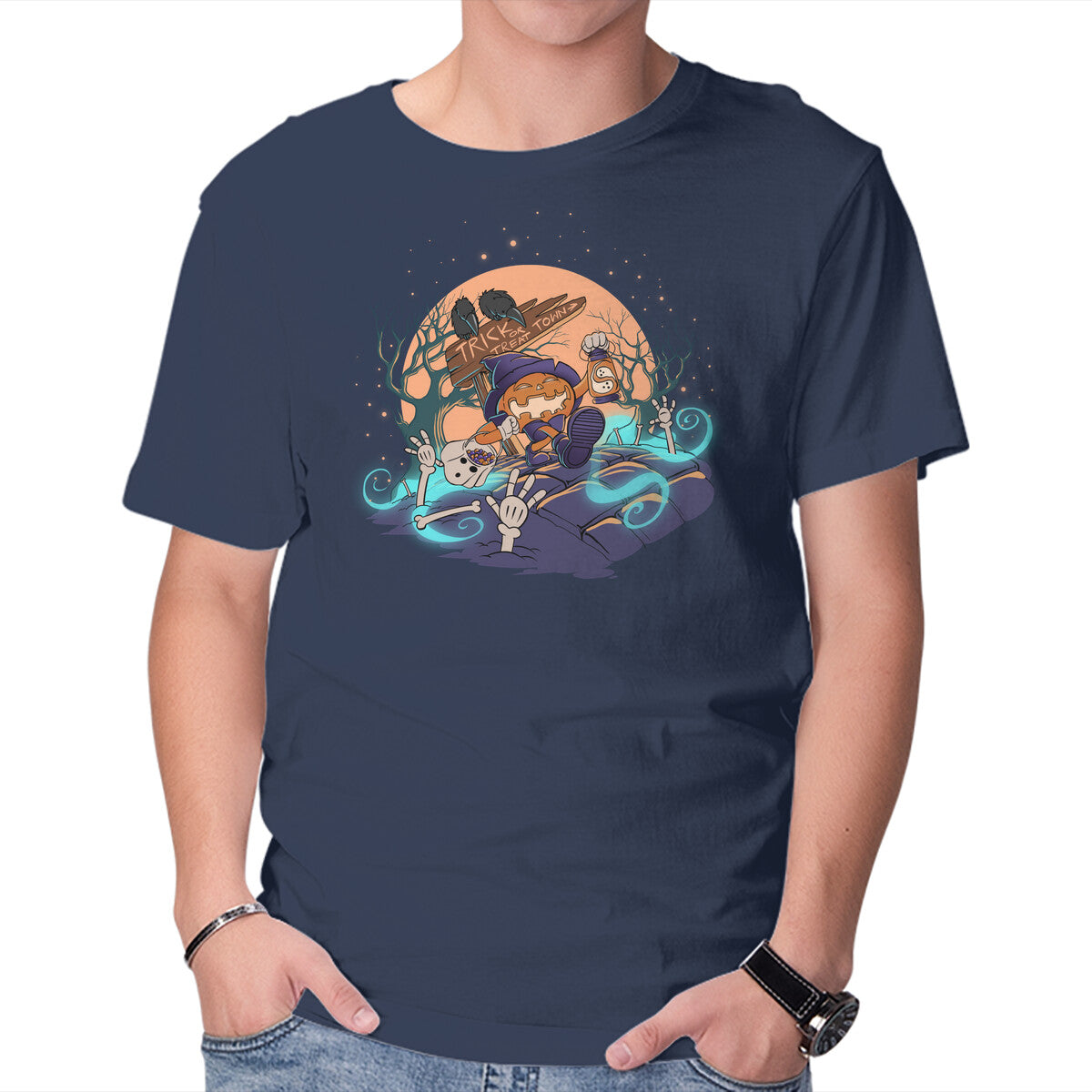 Jack Goes Trick Or Treating – Halloween Graphic T-Shirt in navy, product display