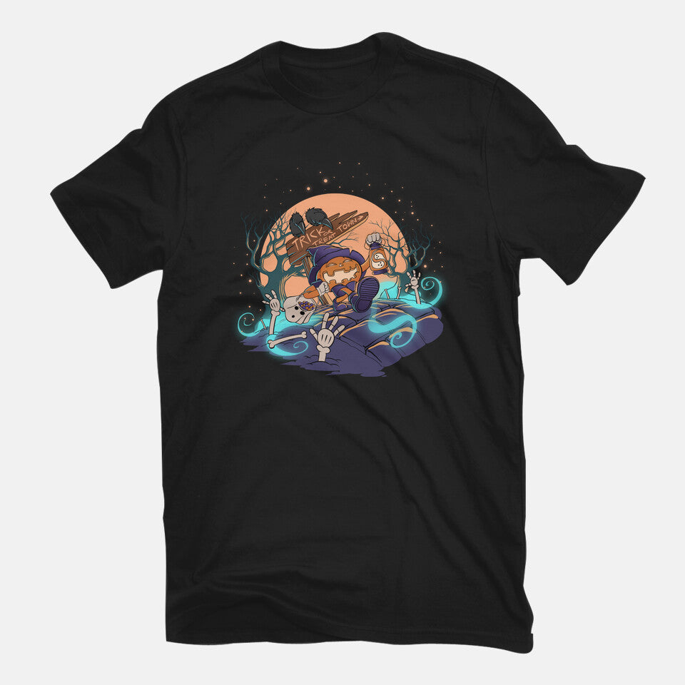 Jack Goes Trick Or Treating – Halloween Graphic T-Shirt in black, flat-lay product view