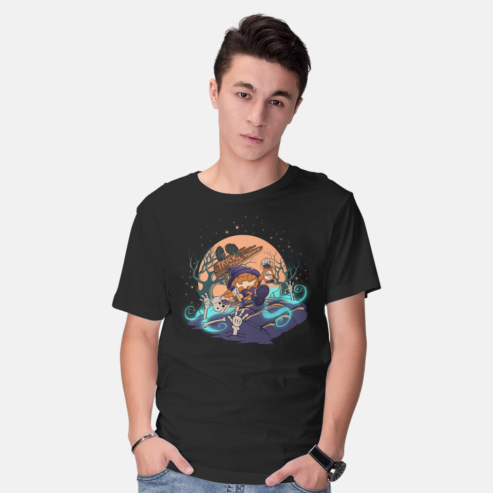 Model wearing black Jack Goes Trick Or Treating – Halloween Graphic T-Shirt