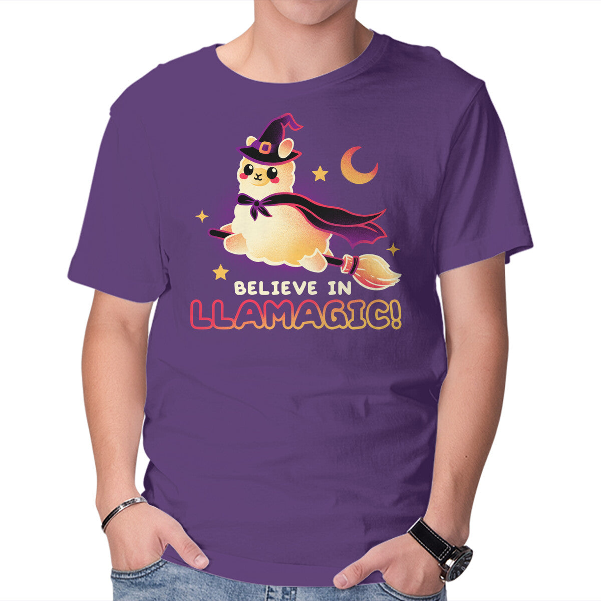 Believe In llamagic – Halloween Graphic T-Shirt in purple, product display