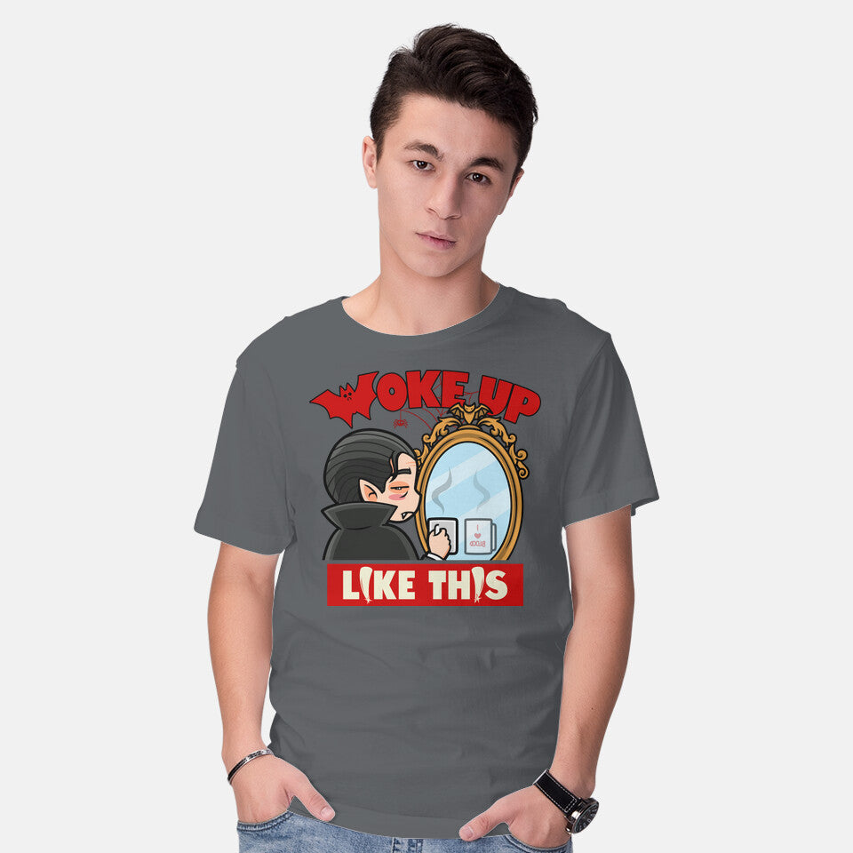 Model wearing charcoal Vampire Meme – Halloween Graphic T-Shirt
