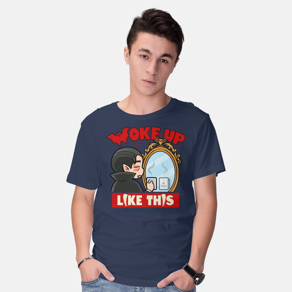 Model wearing navy Vampire Meme – Halloween Graphic T-Shirt