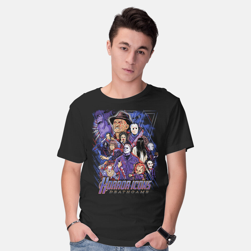 Model wearing black Deathgame – Halloween Graphic T-Shirt