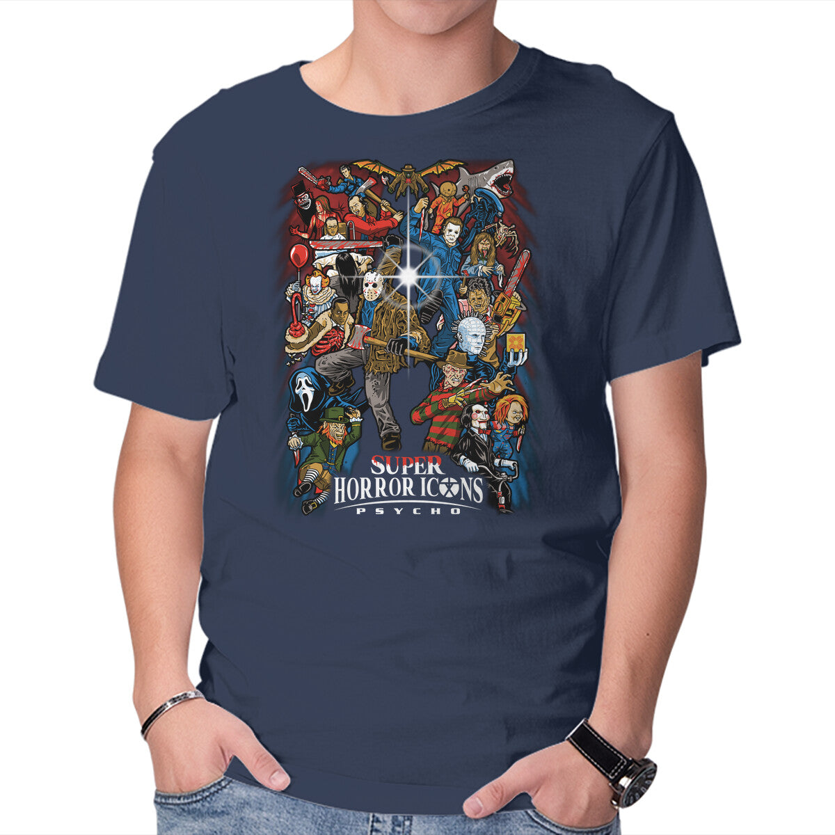 Super Horror Icons – Horror Graphic T-Shirt in navy, product display