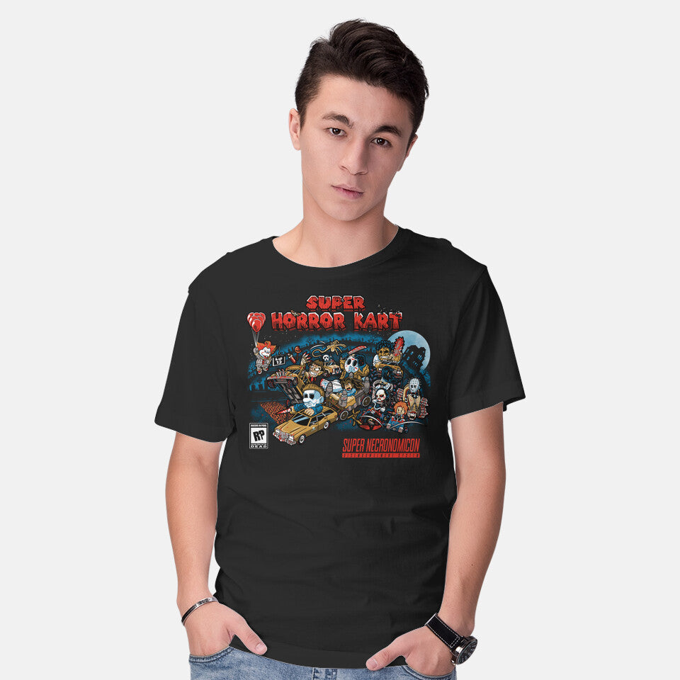 Model wearing black Horrific Kart – Horror Graphic T-Shirt