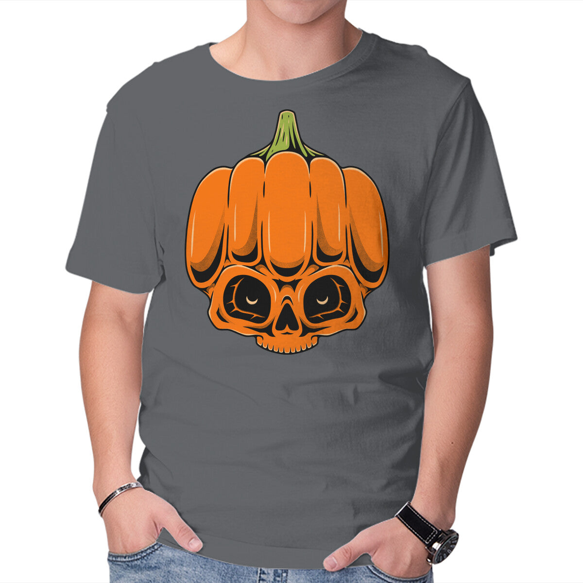 The Pumpkin Skull – Halloween Graphic T-Shirt in charcoal, product display