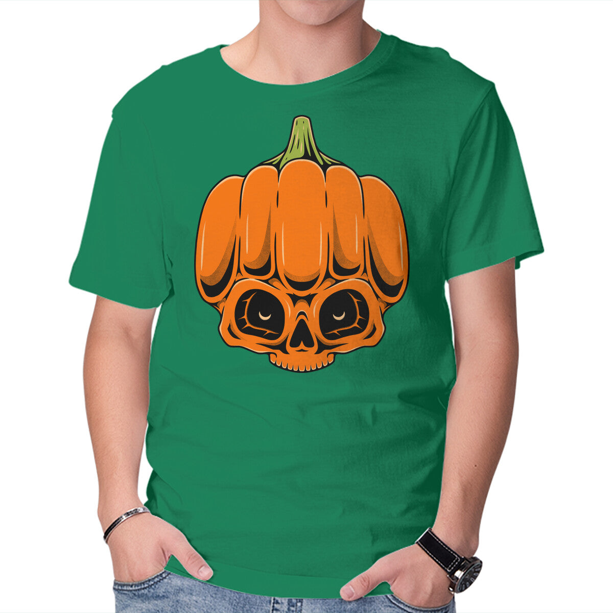 The Pumpkin Skull – Halloween Graphic T-Shirt in green, product display