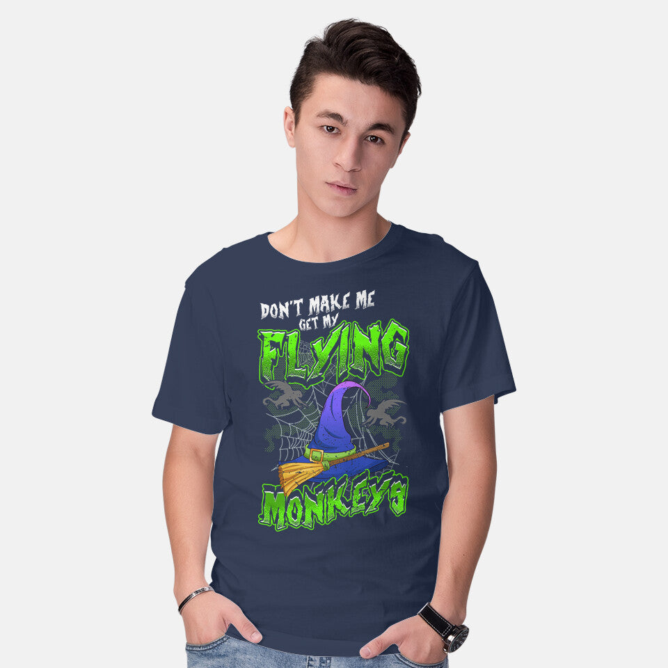 Model wearing navy My Flying Monkeys – Halloween Graphic T-Shirt