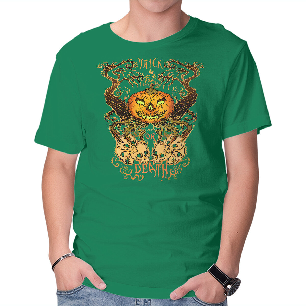 Trick Or Death – Halloween Graphic T-Shirt in green, product display