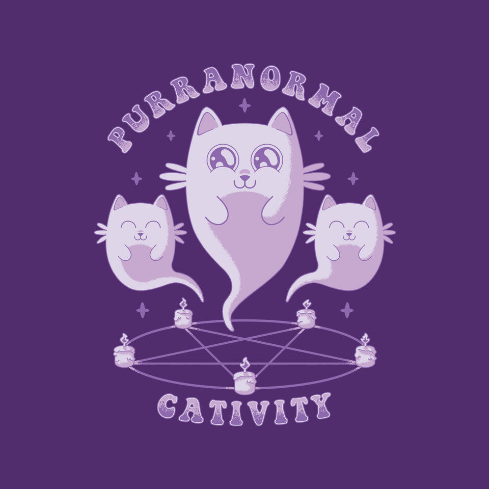 Purranormal Cativity – Cat Graphic T-Shirt design artwork for purple graphic T-shirt