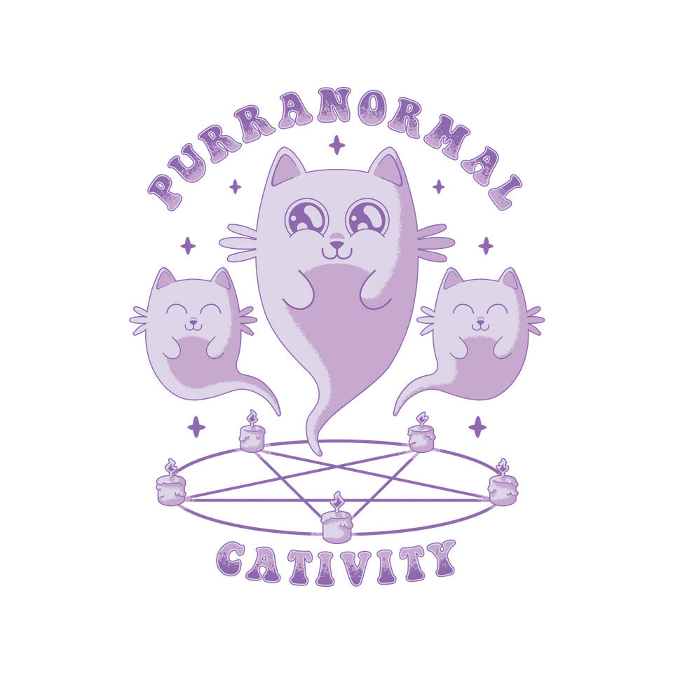 Purranormal Cativity – Cat Graphic T-Shirt design artwork for white graphic T-shirt