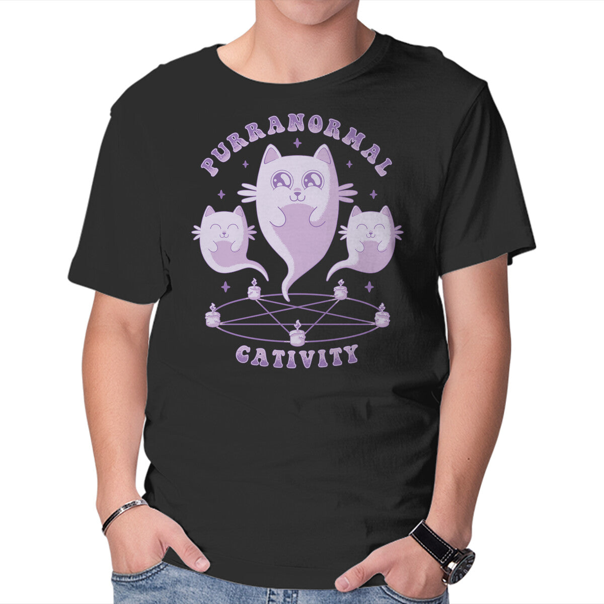 Purranormal Cativity – Cat Graphic T-Shirt in black, product display