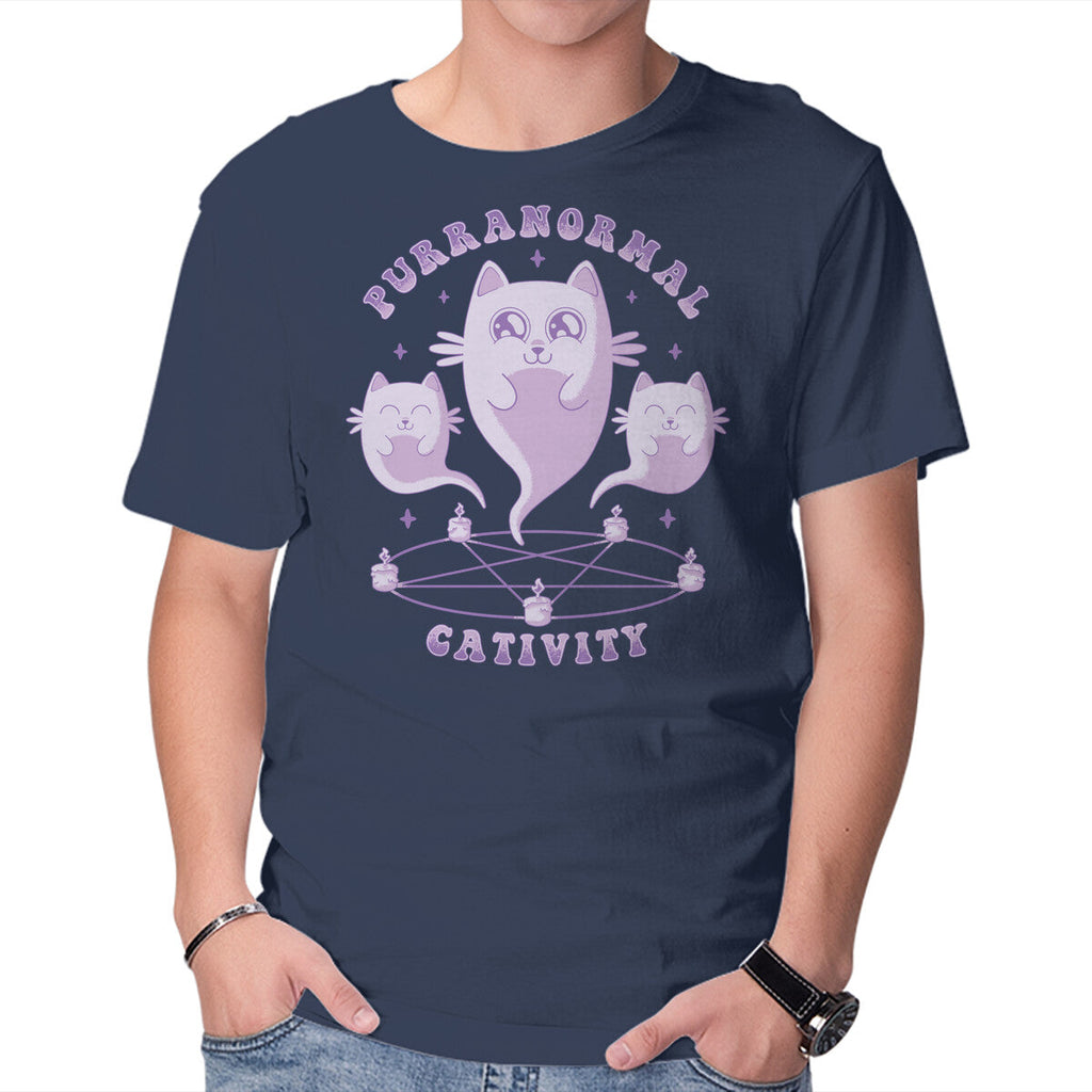 Purranormal Cativity – Cat Graphic T-Shirt in navy, product display