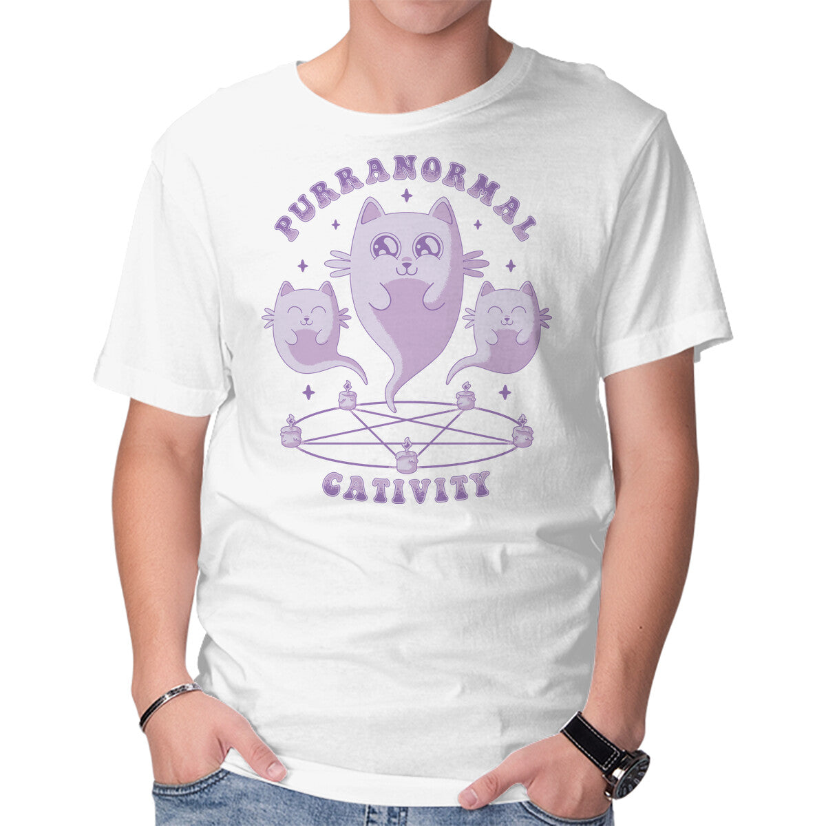 Purranormal Cativity – Cat Graphic T-Shirt in white, product display