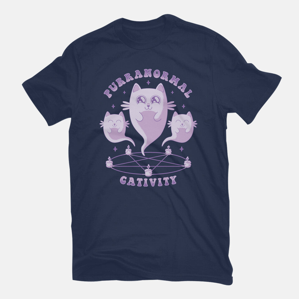 Purranormal Cativity – Cat Graphic T-Shirt in navy, flat-lay product view
