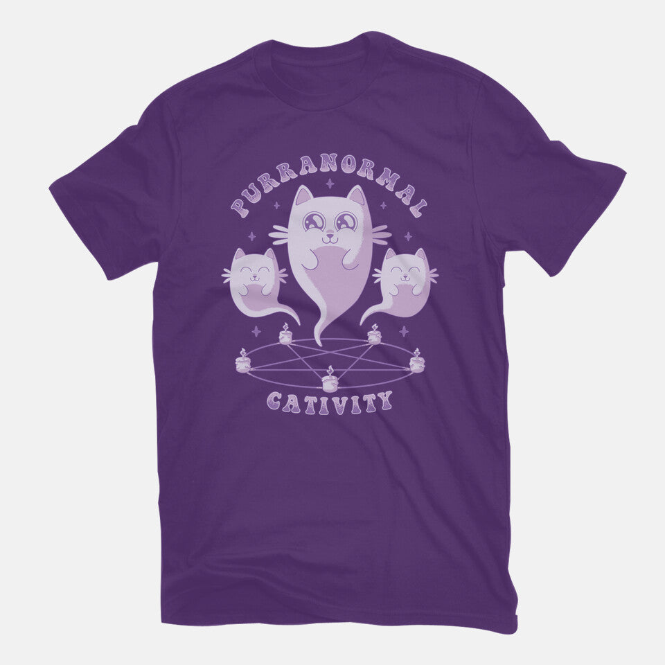 Purranormal Cativity – Cat Graphic T-Shirt in purple, flat-lay product view