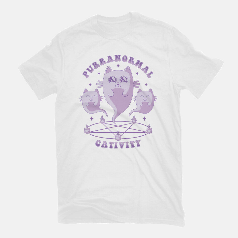 Purranormal Cativity – Cat Graphic T-Shirt in white, flat-lay product view