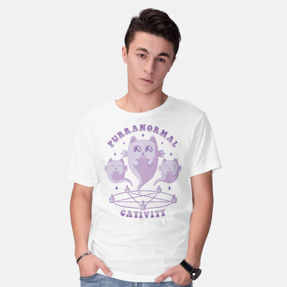 Model wearing white Purranormal Cativity – Cat Graphic T-Shirt