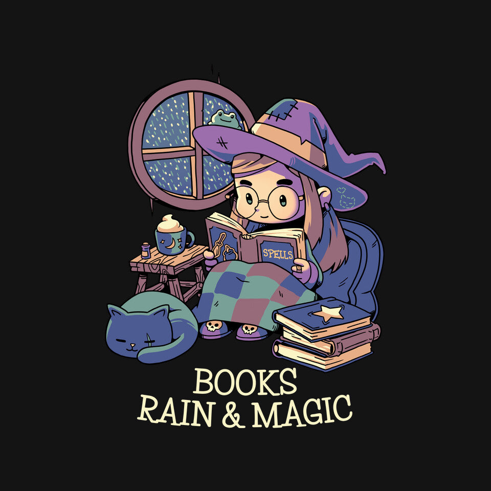 Books Rain And Magic – Cat Graphic T-Shirt design artwork for black graphic T-shirt