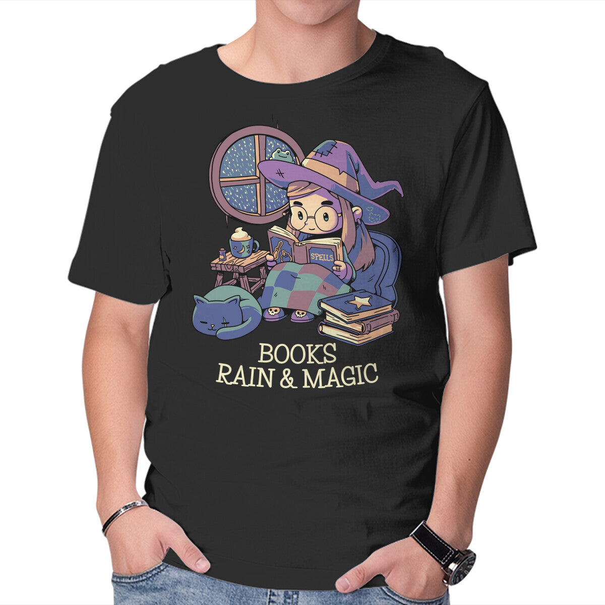 Books Rain And Magic – Cat Graphic T-Shirt in black, product display