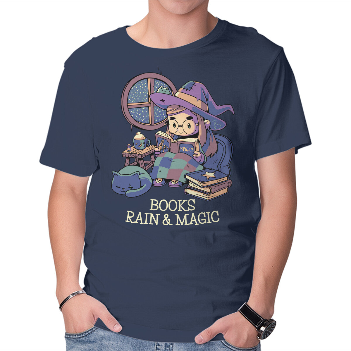Books Rain And Magic – Cat Graphic T-Shirt in navy, product display