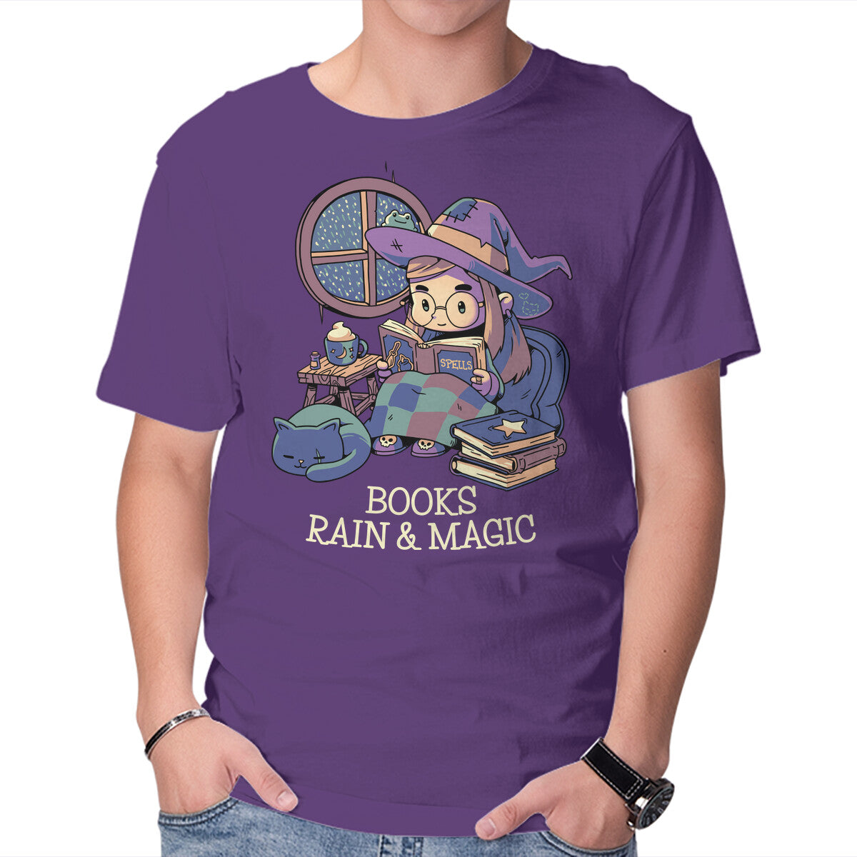 Books Rain And Magic – Cat Graphic T-Shirt in purple, product display