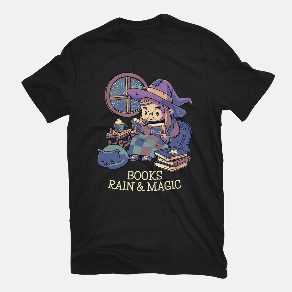 Books Rain And Magic – Cat Graphic T-Shirt in black, flat-lay product view