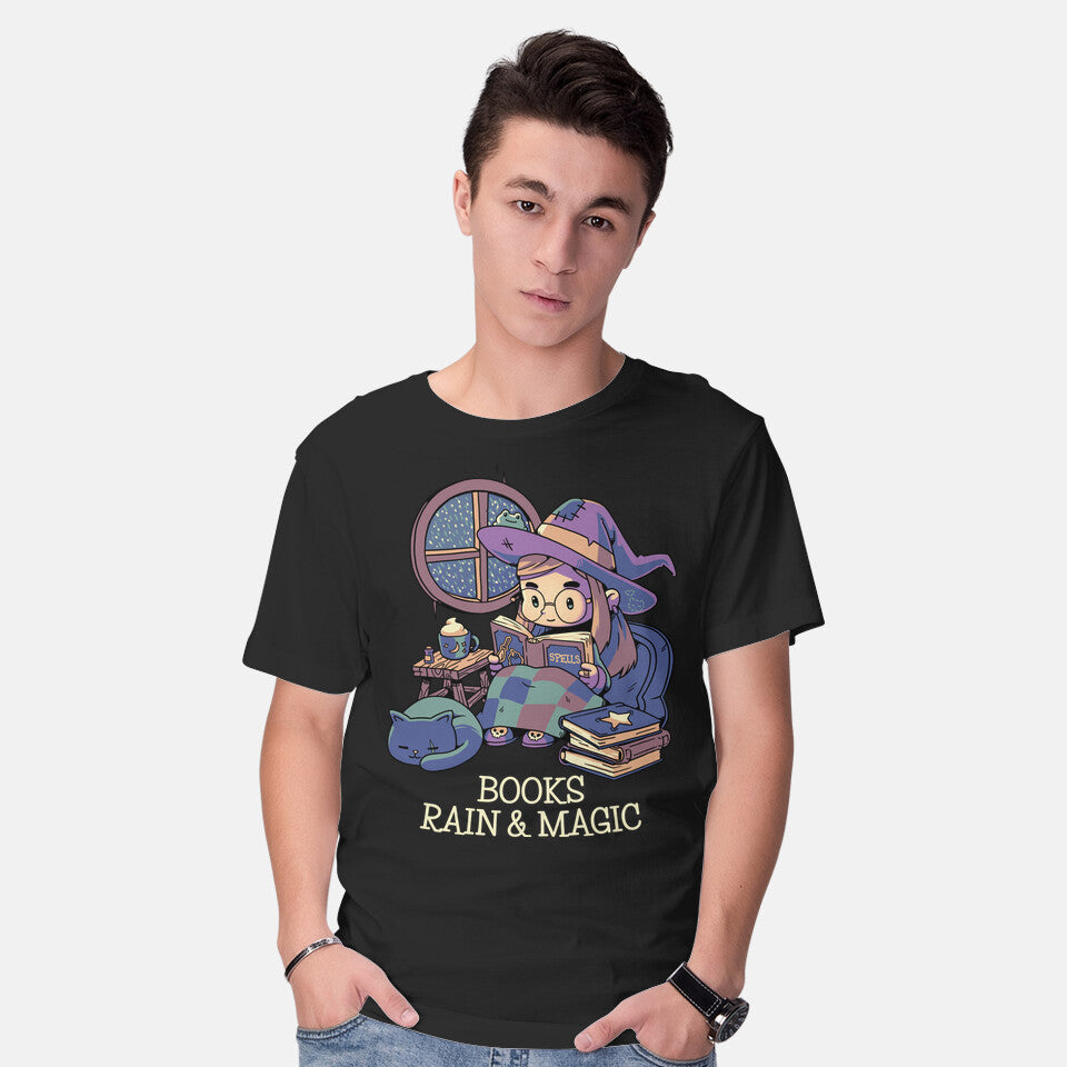 Model wearing black Books Rain And Magic – Cat Graphic T-Shirt