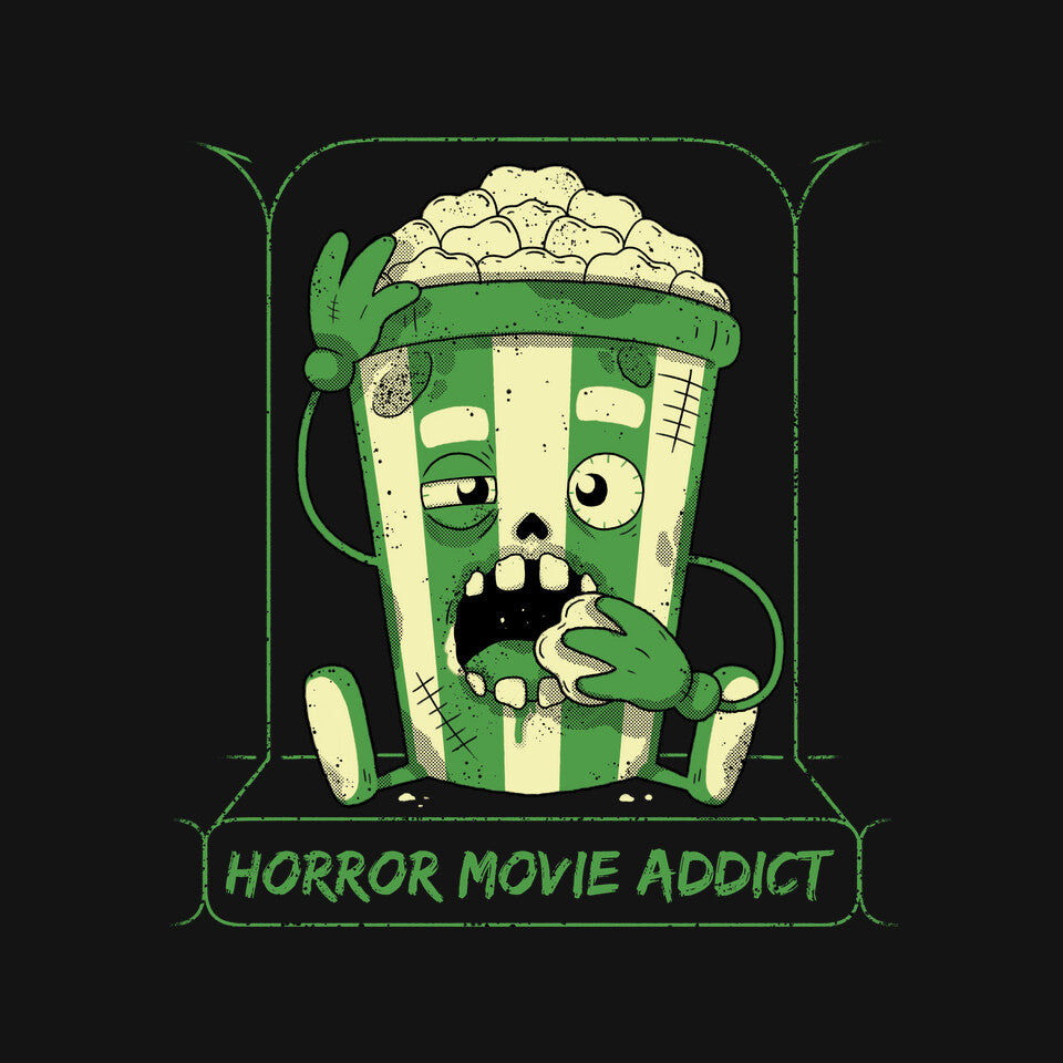 Horror Movie Addict – Halloween Graphic T-Shirt design artwork for black graphic T-shirt