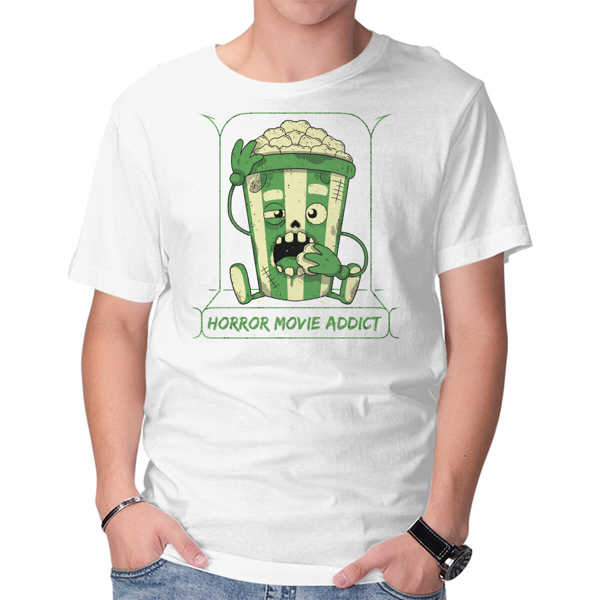Horror Movie Addict – Halloween Graphic T-Shirt in white, product display