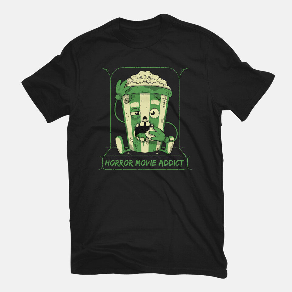 Horror Movie Addict – Halloween Graphic T-Shirt in black, flat-lay product view