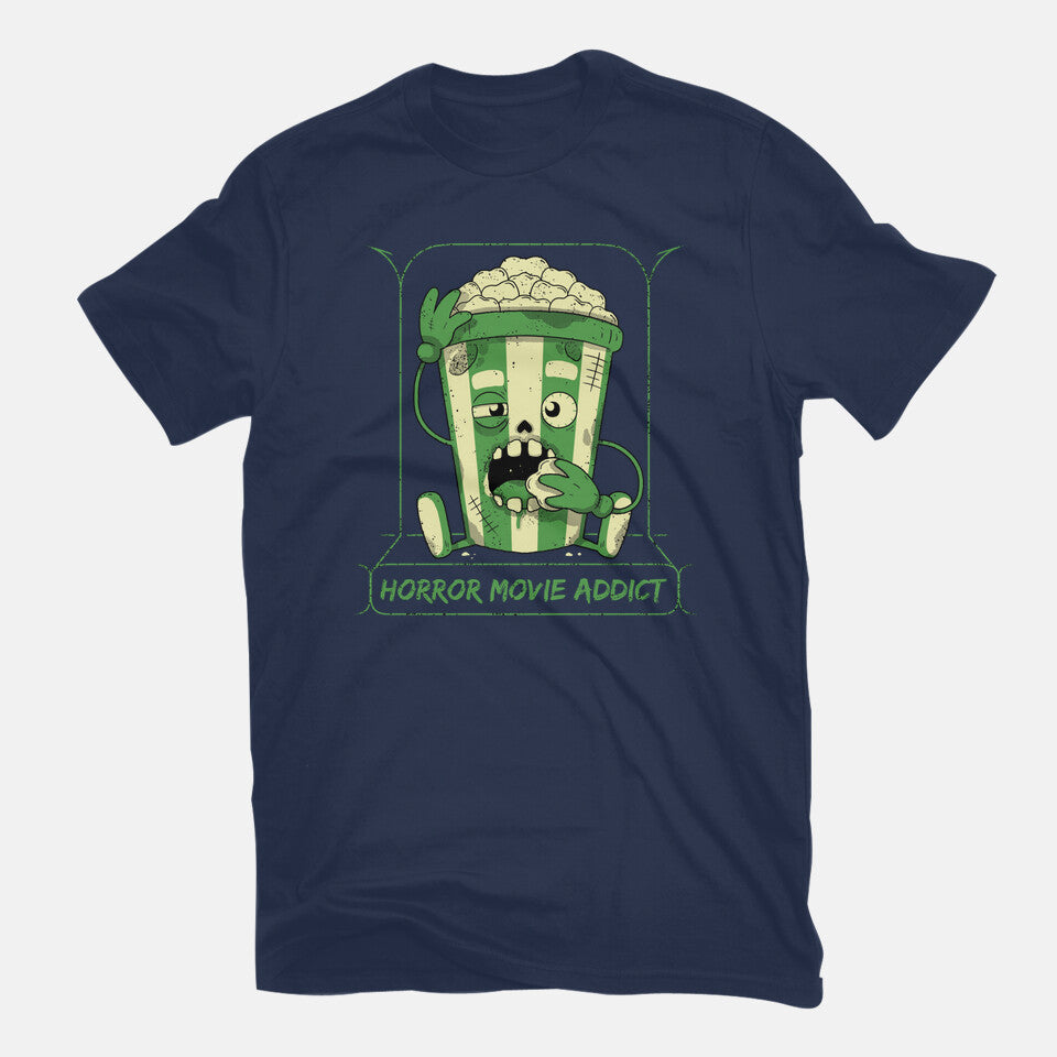 Horror Movie Addict – Halloween Graphic T-Shirt in navy, flat-lay product view