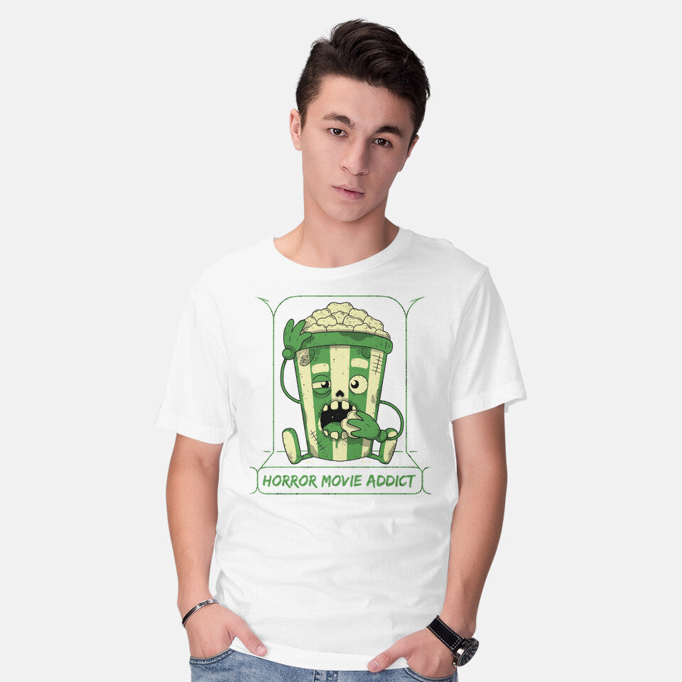 Model wearing white Horror Movie Addict – Halloween Graphic T-Shirt
