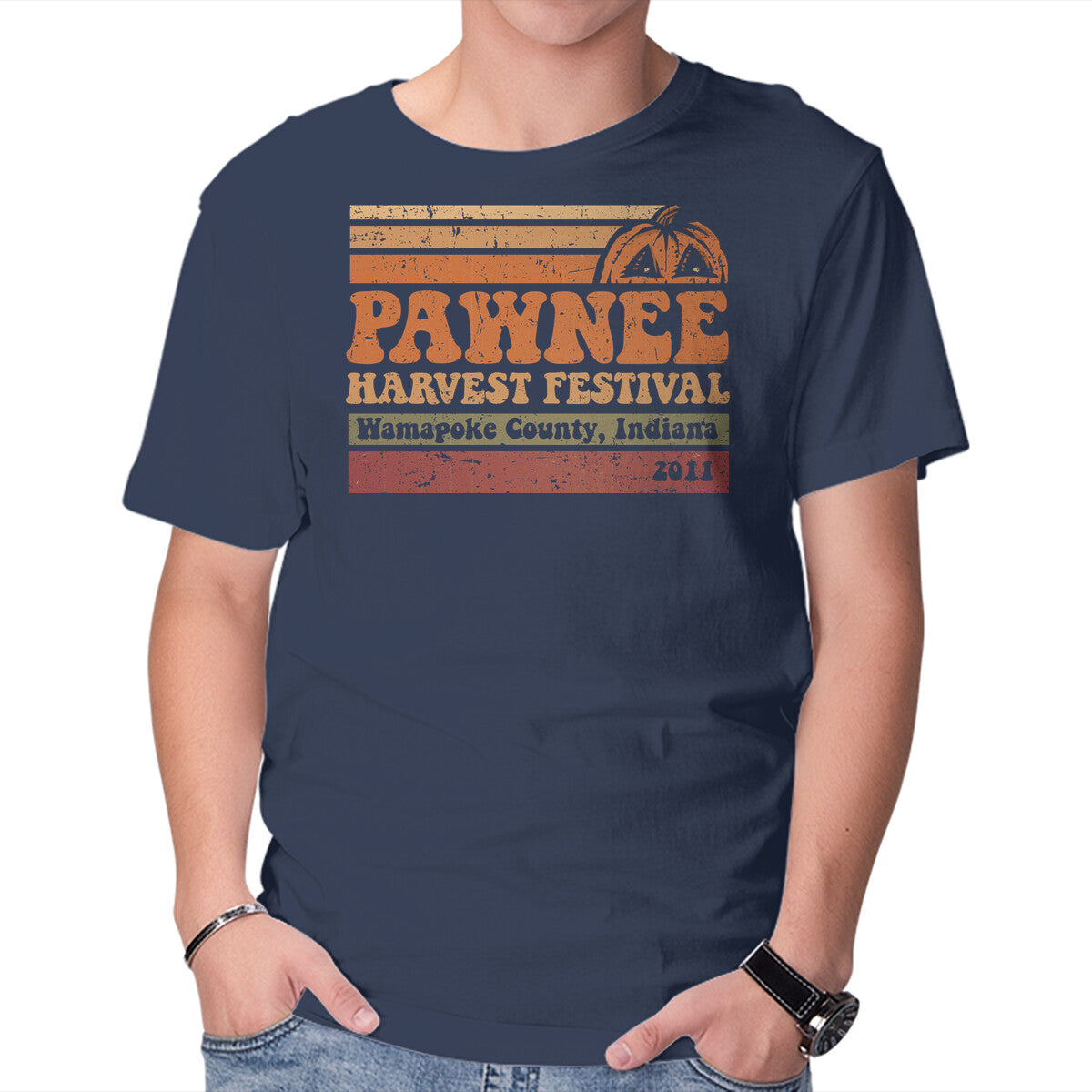 Pawnee Harvest Festival – Halloween Graphic T-Shirt in navy, product display