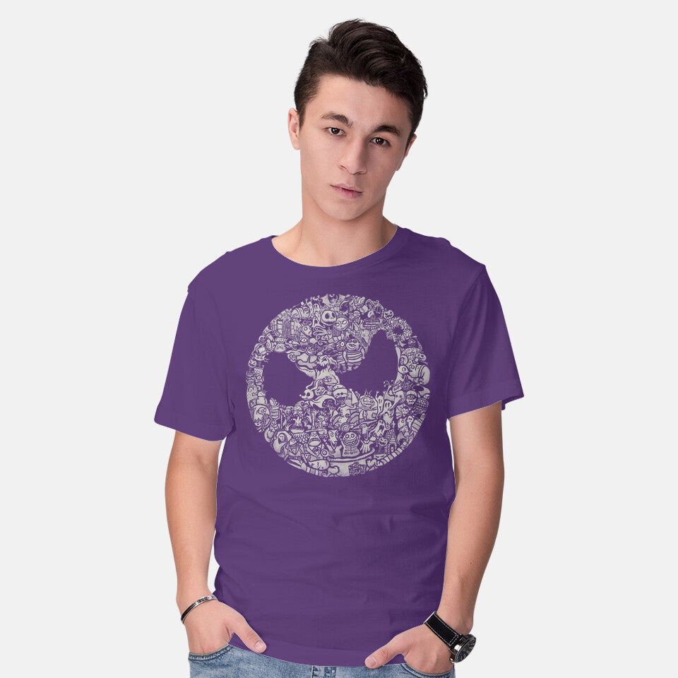 Model wearing purple A Most Horrible Circle – Halloween Graphic T-Shirt