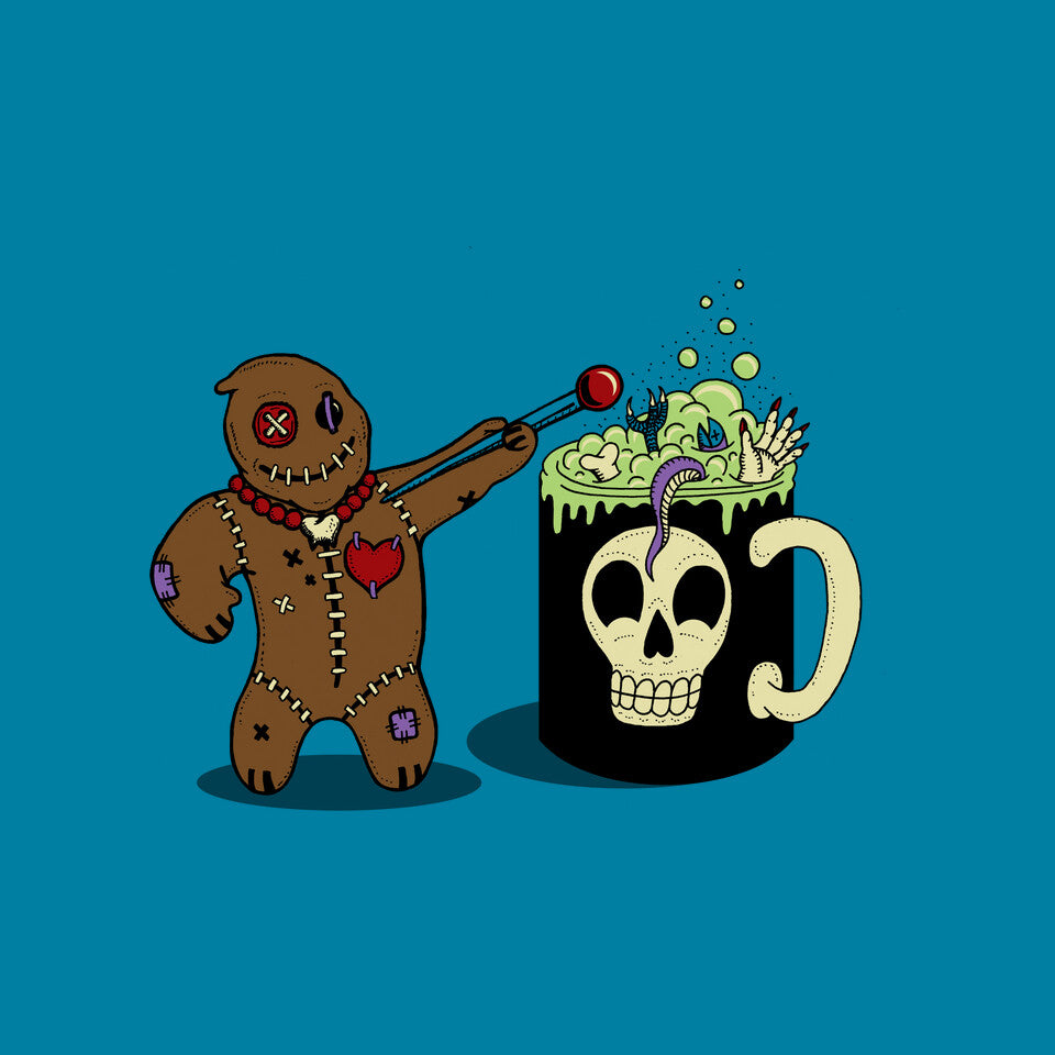 Voodoo Brew – Halloween Graphic T-Shirt design artwork for turquoise graphic T-shirt