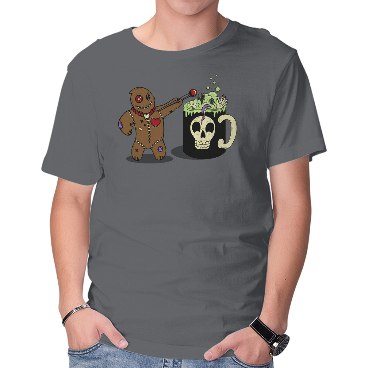 Voodoo Brew – Halloween Graphic T-Shirt in charcoal, product display