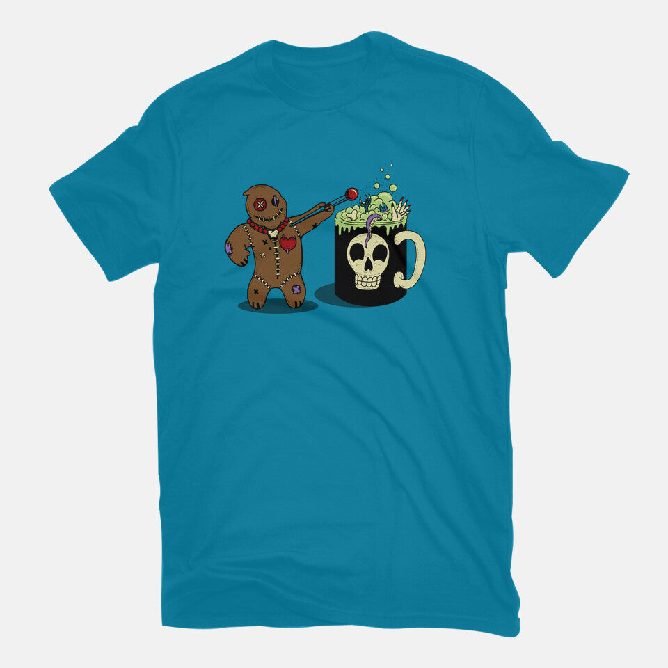 Voodoo Brew – Halloween Graphic T-Shirt in turquoise, flat-lay product view