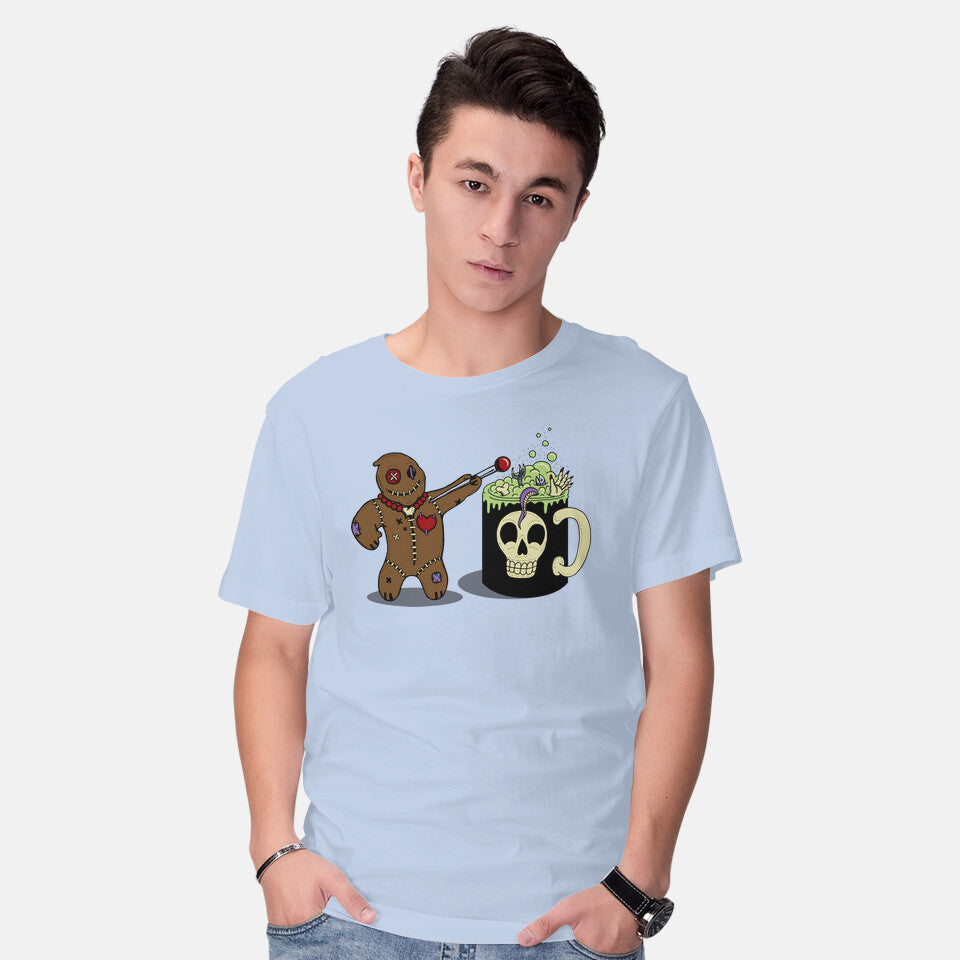Model wearing blue Voodoo Brew – Halloween Graphic T-Shirt