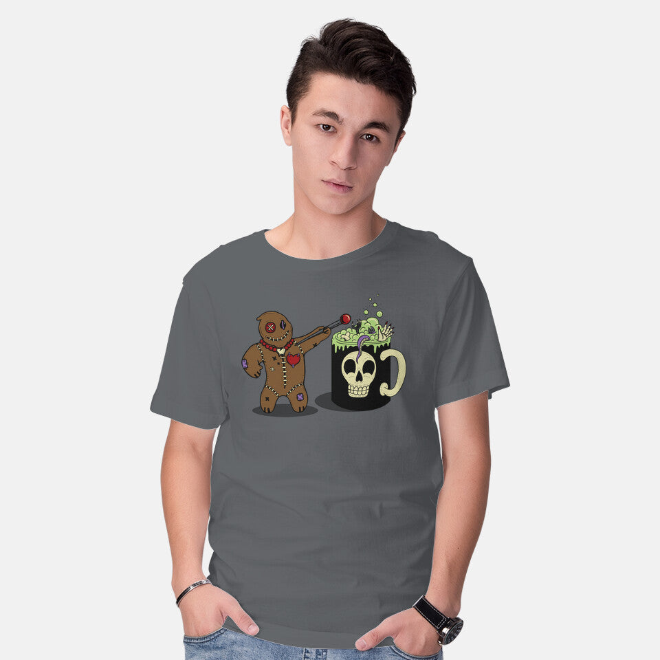 Model wearing charcoal Voodoo Brew – Halloween Graphic T-Shirt