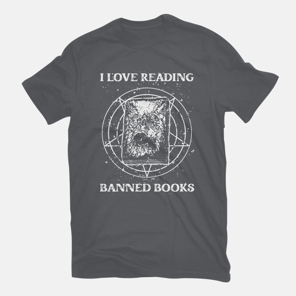 Evil Reader – Halloween Graphic T-Shirt in charcoal, flat-lay product view