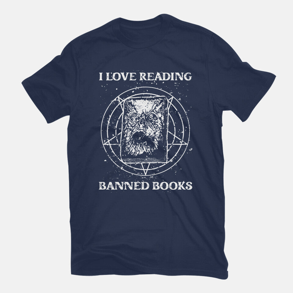 Evil Reader – Halloween Graphic T-Shirt in navy, flat-lay product view