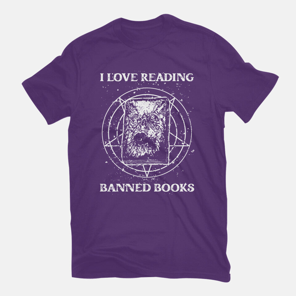 Evil Reader – Halloween Graphic T-Shirt in purple, flat-lay product view