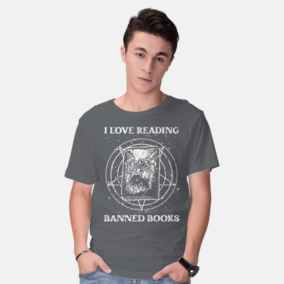 Model wearing charcoal Evil Reader – Halloween Graphic T-Shirt
